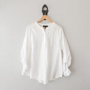 Lane Bryant White Linen Blend Pintuck Blouse Roll Tab Sleeve Womens 14/16